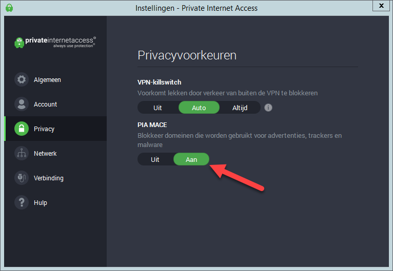 PIA privacy-instellingen: kill switch en MACE