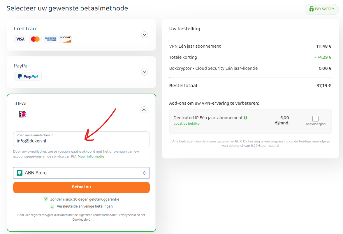 Betaalmethode kiezen bij PIA