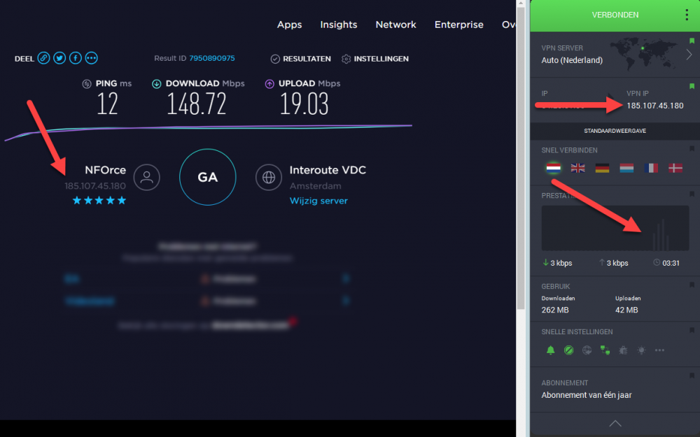 Speedtest-resultaat via PIA